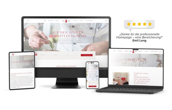 Responsive Website-Design von Zum Emil auf Desktop, Laptop, Tablet und Smartphone. Ansprechende Speisekarte und übersichtliche Navigation.