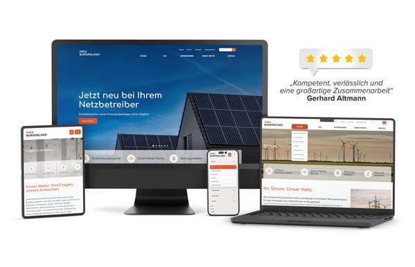 Mockups der neuen Netz Burgenland-Website mit responsivem und barrierefreiem Design auf Desktop, Tablet und Smartphone.