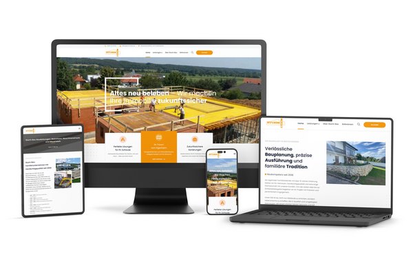Die neue responsive Website von Sturm Bau auf verschiedenen Geräten: Desktop, Laptop, Tablet und Smartphone. Die Website präsentiert das Bauunternehmen mit modernem Design, klarer Navigation und optimierten Inhalten.