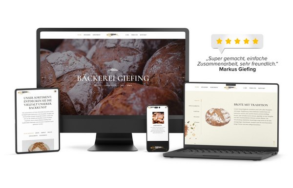 Responsive Website-Design der Bäckerei Markus Giefing auf verschiedenen Geräten: Desktop-Monitor, Laptop, Tablet und Smartphone.
