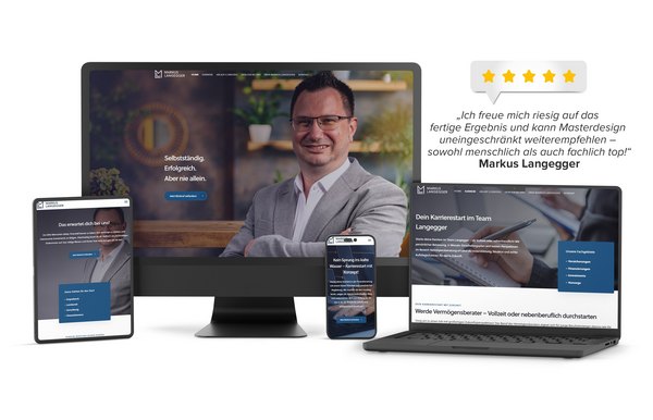 Website von Markus Langegger auf Desktop, Laptop, Tablet und Smartphone – mit Karriereinfos, Kontaktformular und persönlicher Vorstellung.