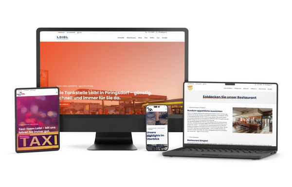 LOGO1-Webplattform dargestellt auf verschiedenen Endgeräten: Desktop, Tablet, Smartphone – mit farblich gekennzeichneten Bereichen für Taxi, Restaurant, Bikeverleih und Tankstelle.
