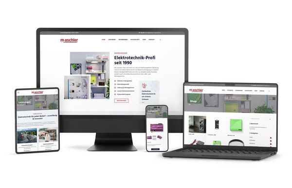 Responsiver Webauftritt der Elektro Maschler GmbH auf Desktop, Laptop, Tablet und Smartphone. Die Website zeigt Startseite, Produktübersicht und technische Leistungen in einem klaren Layout mit integriertem WooCommerce-Webshop.