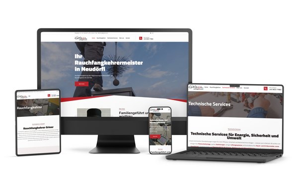 Neue Website von Rauchfangkehrermeister Grieer auf Desktop, Tablet und Smartphone – mit klar strukturiertem Leistungsüberblick zu Kamin, PV, Lüftung