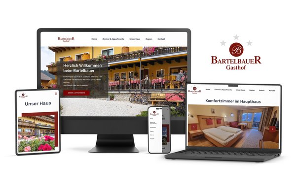 Responsive Website von Bartelbauer auf Desktop, Laptop, Tablet und Smartphone mit klarer Navigation und ansprechenden Bildern.