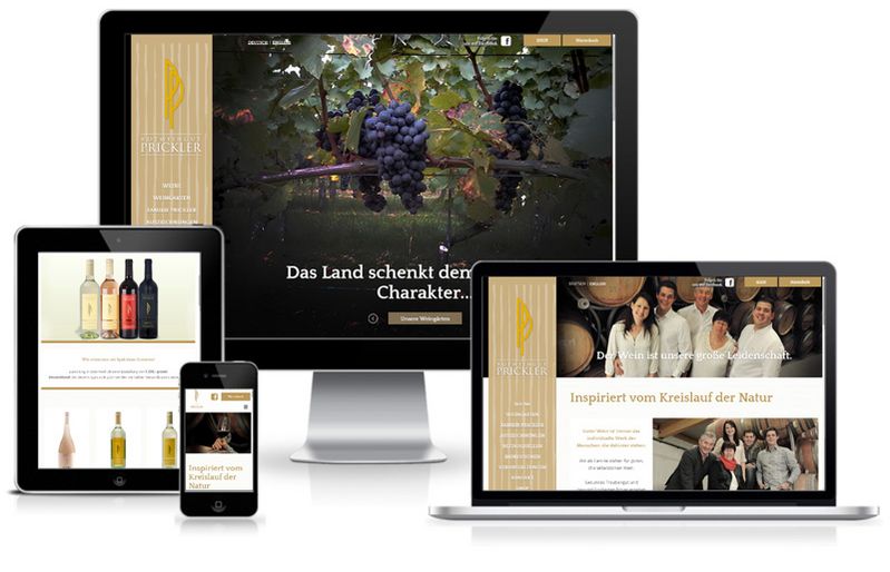Die Website vom Rotweingut Prickler auf verschiedenen Bildschirmen.