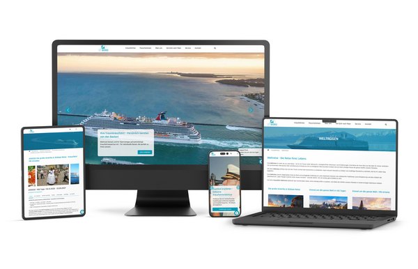 Mockup der Website anbord.at auf verschiedenen Geräten – Desktop, Tablet und Smartphone mit klarer Navigation, Kreuzfahrtangeboten, Suchfunktion und Kontaktformular.