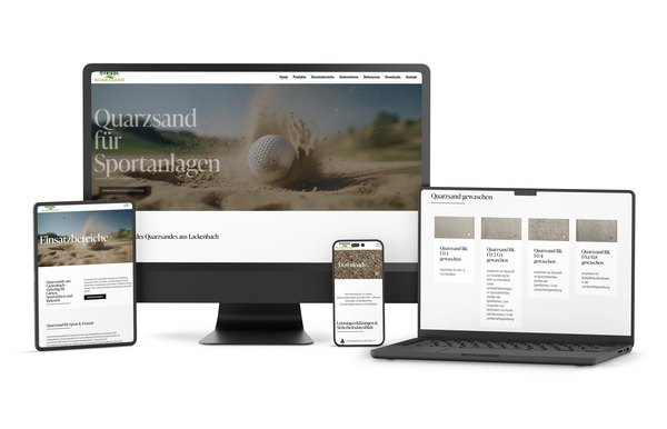 Website der Quarzwerke Friedl auf Desktop, Tablet und Smartphone – mit Produktübersicht, Einsatzbereichen und Downloads.