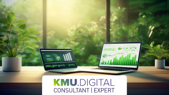 Zwei Laptops auf einem Holztisch vor einem sonnendurchfluteten Fenster mit Blick ins Grüne, zeigen digitale Auswertungen mit Nachhaltigkeitsbezug. Daneben grüne Zimmerpflanzen. Im Vordergrund das Logo von KMU.DIGITAL – symbolisiert die Verbindung von Digitalisierung und ökologischer Transformation.