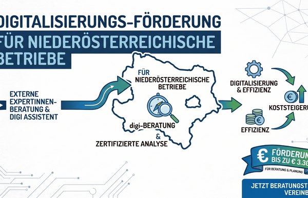 Digitalisierungsförderung für niederösterreichische Betriebe: Zertifizierte Digi-Beratung unterstützt bei Digitalisierung, Effizienzsteigerung und Kostensenkung.