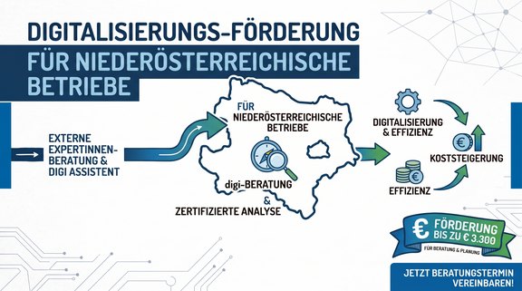 Bis zu 3.300 Euro Förderung für Ihre Digitalisierungsberatung in Niederösterreich Digitalisierungsförderung für niederösterreichische Betriebe: Zertifizierte Digi-Beratung unterstützt bei Digitalisierung, Effizienzsteigerung und Kostensenkung.