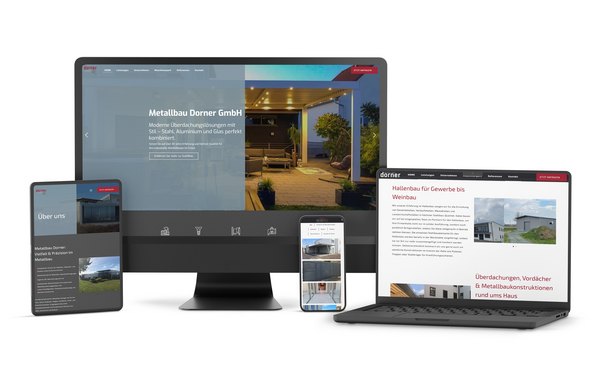 Responsive Website der Metallbau Dorner GmbH auf Desktop, Laptop, Tablet und Smartphone – mit modernen Layouts für Kunden- und Karriereseiten, klarer Navigation und mobiltauglichem Design.