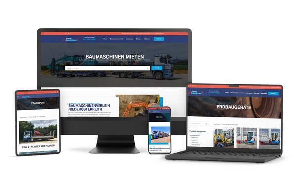 Responsive Webdesign der Franz Lackner GmbH auf Desktop, Laptop, Tablet und Smartphone mit Fokus auf Baumaschinenverleih und Erdbau-Leistungen