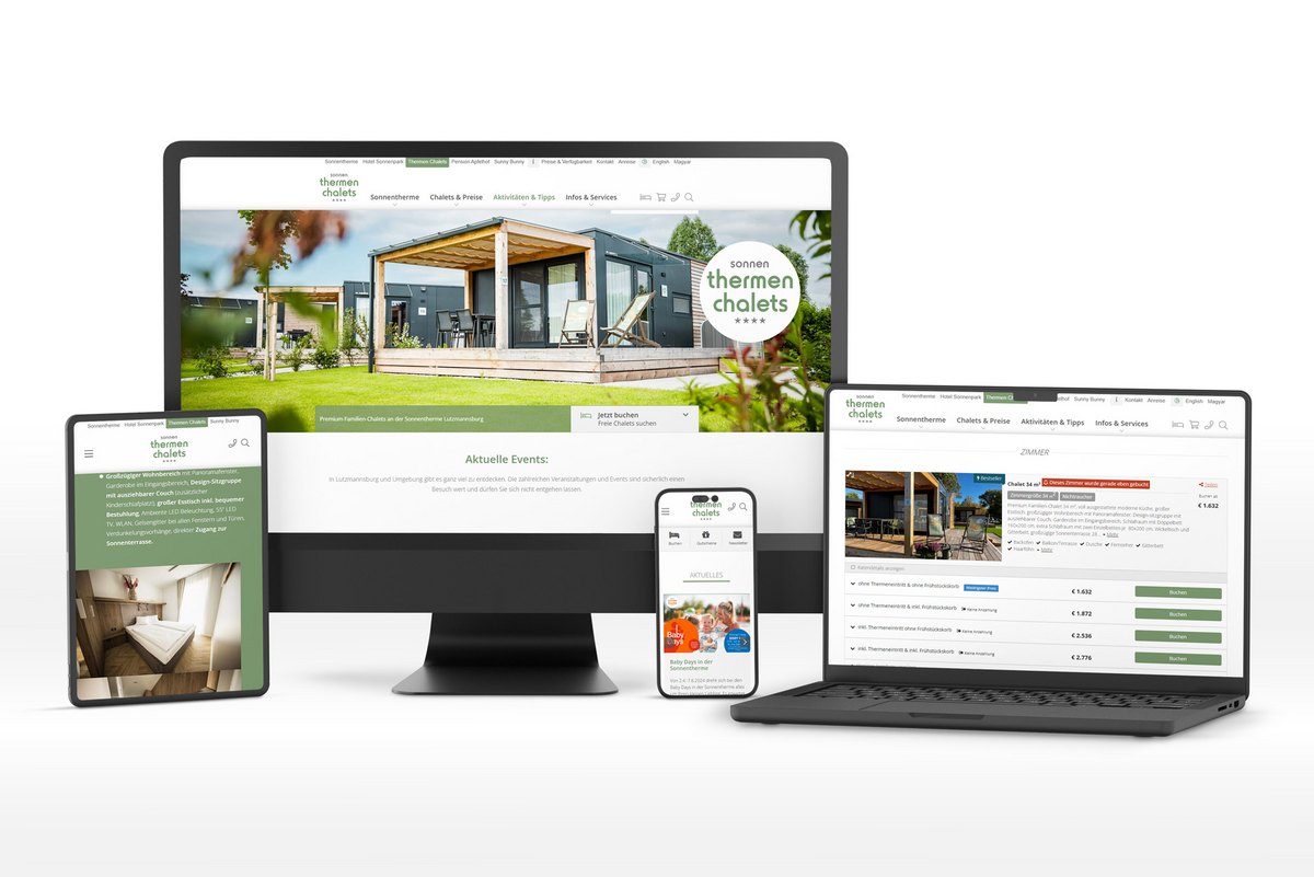 Nahtlose digitale Integration - Die Thermenchalets Lutzmannsburg Website auf verschiedenen Endgeräten, präsentiert von unserem Web-Team.