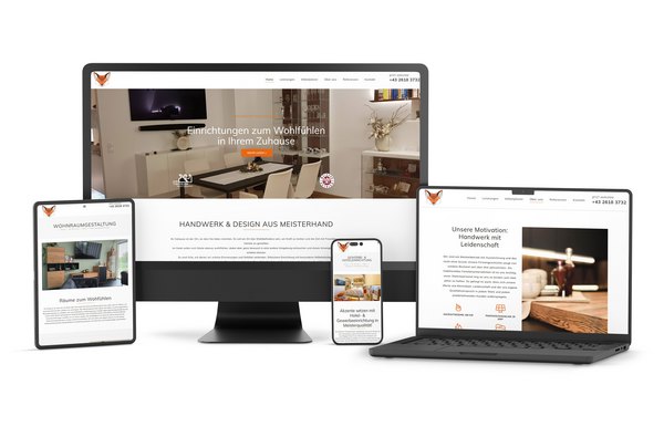 Responsive Website-Design der Tischlerei Fuchs GmbH auf verschiedenen Geräten: Desktop-Monitor, Laptop, Tablet und Smartphone. Die Website zeigt individuelle Holzmöbel, Wohnraumlösungen und Holzstiegen in moderner Darstellung.